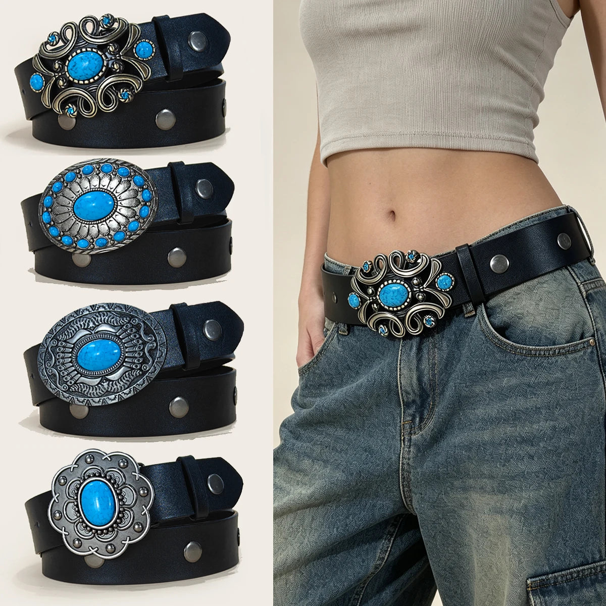 Ladies wear the classic Punk belt, Black Round Rivet PU leather, bohemian style oval turquoise buckle belt For Men and Women