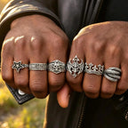 6Pcs Gothic Punk Open Ring Set for Men,Vintage Skull Bat Crown Star Adjustable Stackable Rings,Hip Hop Halloween Jewelry Gift