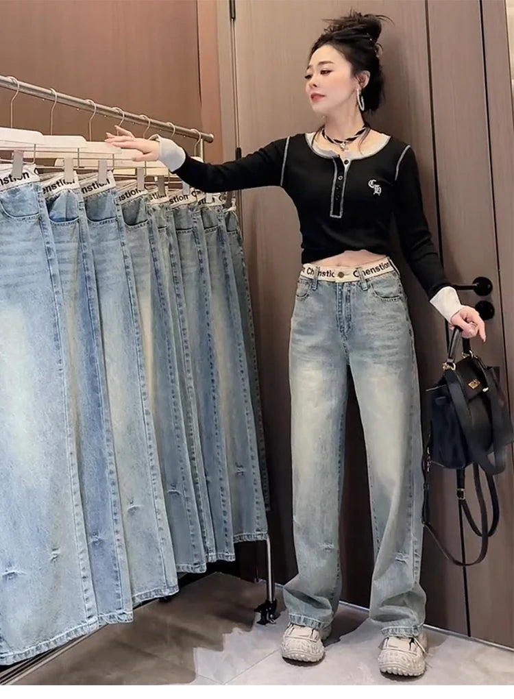Y2K 2000s Wide Leg Baggy Denim Trouser Women's Washed Vintage Casual Pants Female High Street Retro High Waist Trashy Jeans