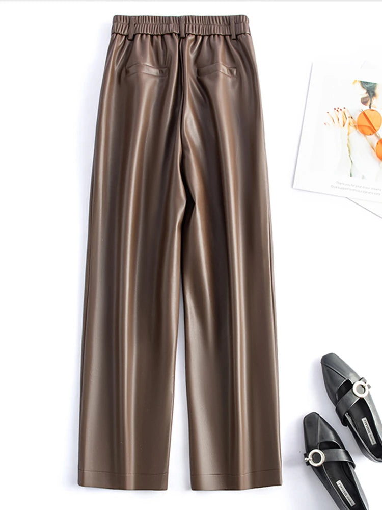 2025 autumn and winter new style leather pants elastic high waisted slim fit commute straight leg pants for women