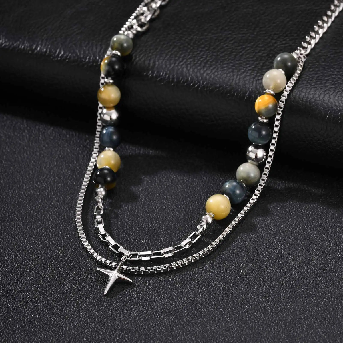 Hiphop Star Cross Chain Necklaces for Men Boys,Stainless Steel Punk Double Layers Chain Collars,Unisex Jewelry