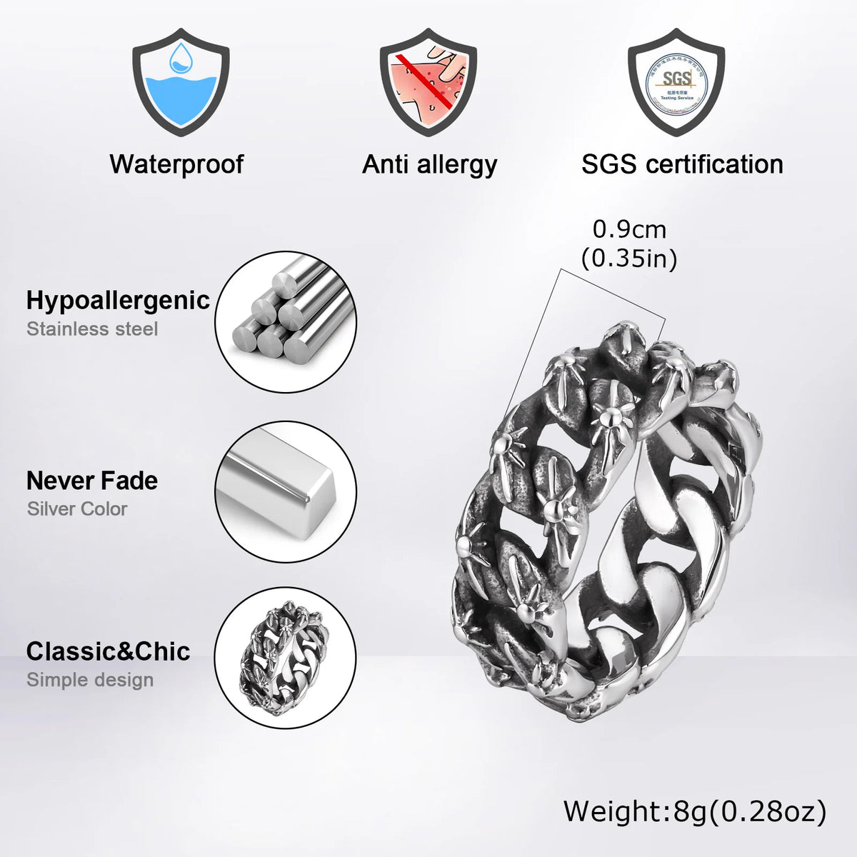 Vintage Punk Men's Ring,Antique Oxidized Stainless Steel Band Ring, Streetwear Casual Jewelry Gift