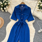 Fashionable casual lapel collar short sleeved cinched waist jumpsuit women's summer new solid color wide leg long pants