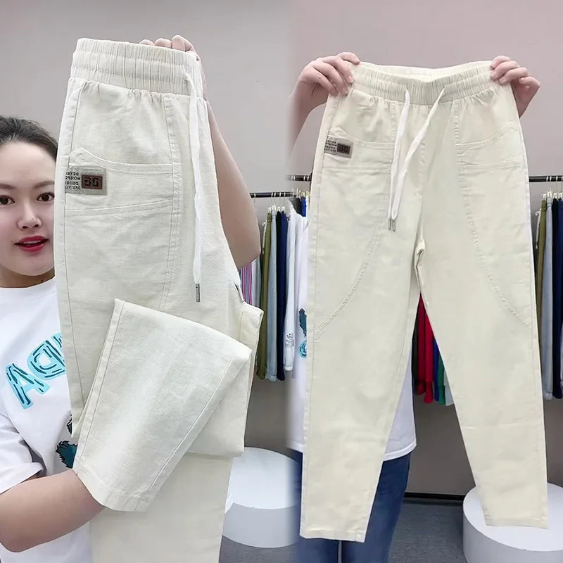 Women's Harem pants Summer Vintage Thin High Waist Straight Casual Pants Women Fashion Loose Cotton linen pants Trousers Female