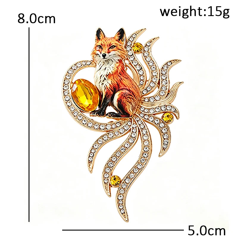 PENDRA Nine-Tail Fox Rhinestone Animal Brooch