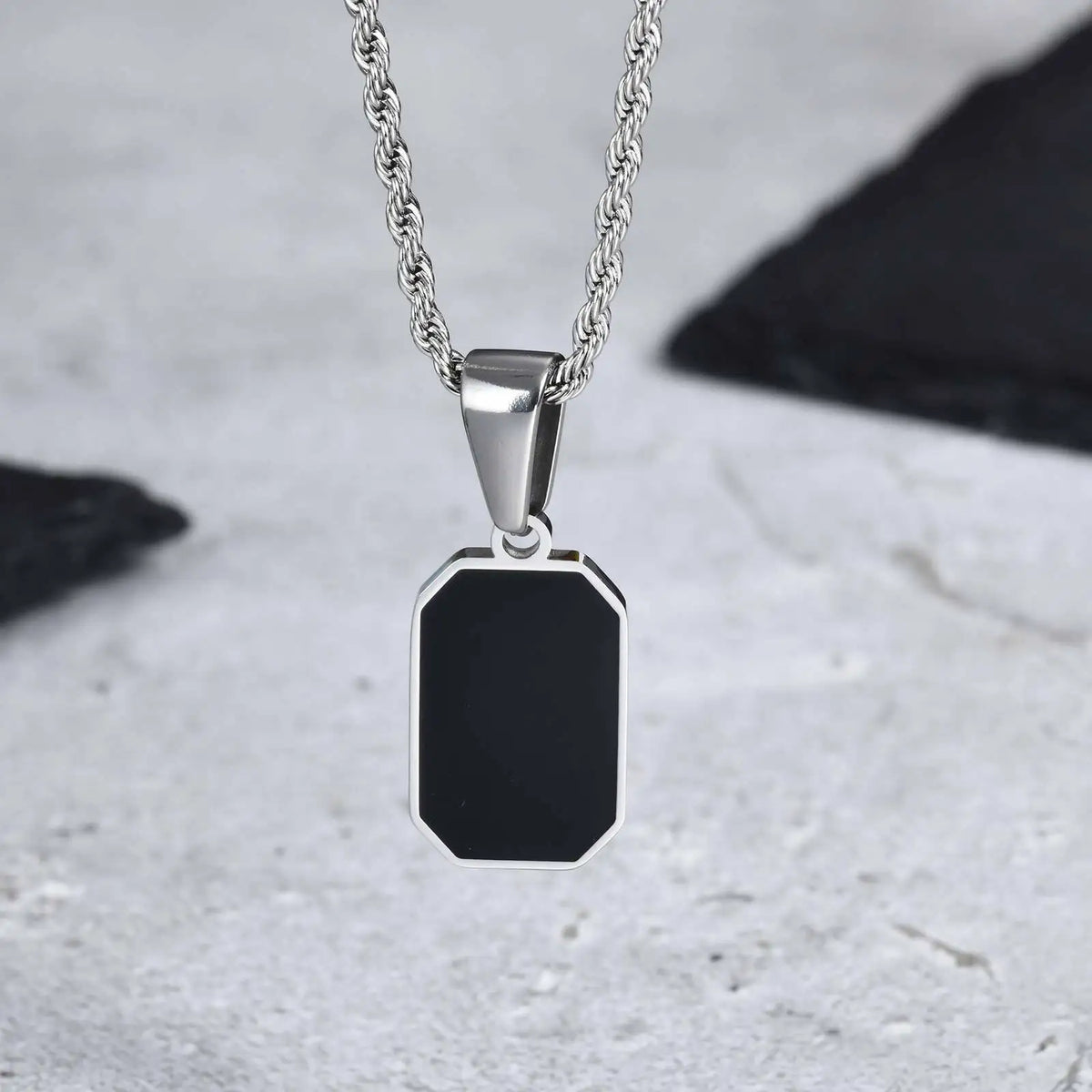 Casual Mens Geometric Square Necklaces,Black Enamel Rectangle Pendant with Rope Box Long Chain Collar,Stylish Jewelry Gifts