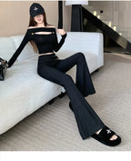 High end black micro flared pants women's autumn and winter fashion design high waisted casual slim and versatile pants