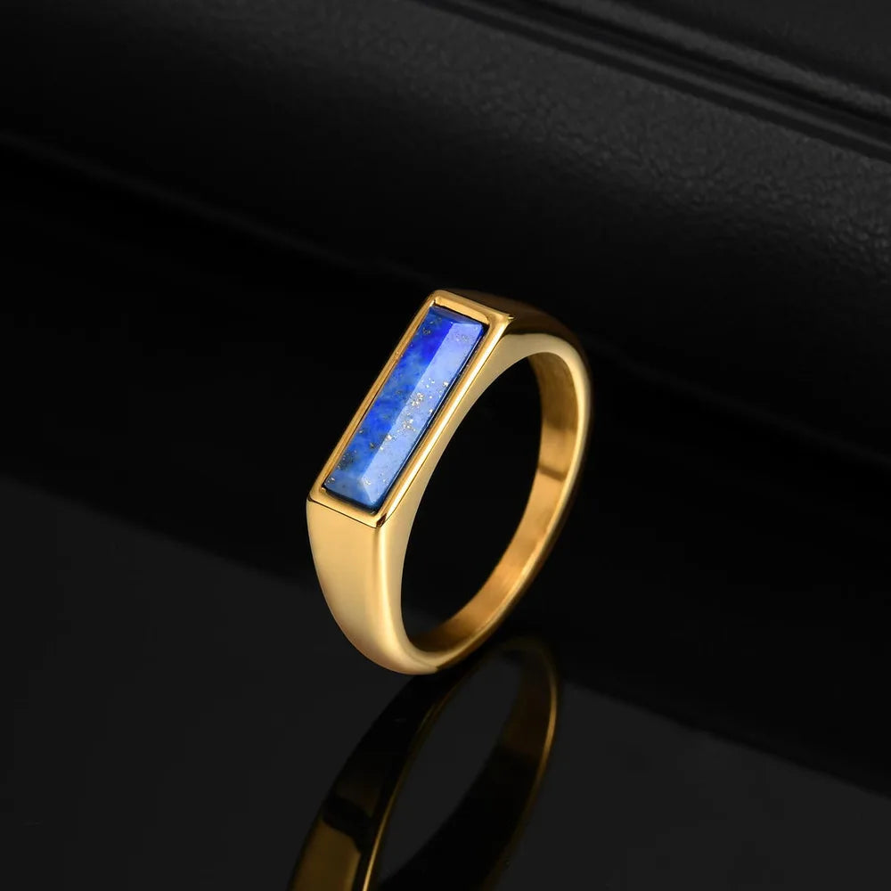 Blue Natural Stone Signet Ring for Men,Minimalist Thin Square Stainless Steel Ring ,Simple Male Ring Gift