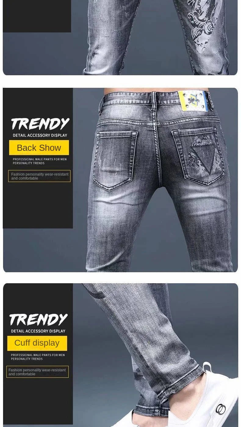 PENDRA Denim Cotton Printed Trousers