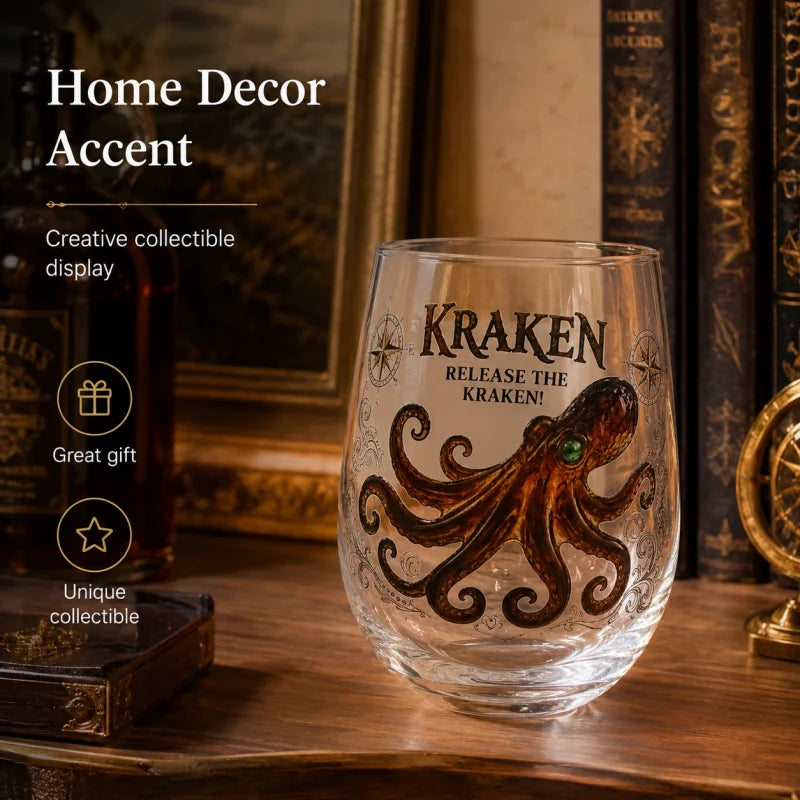 Kraken Octopus Whiskey Glass Vintage Nautical Compass Print Lowball Tumbler Heavy Clear Crystal Spirits Cup Unique Sea Monster