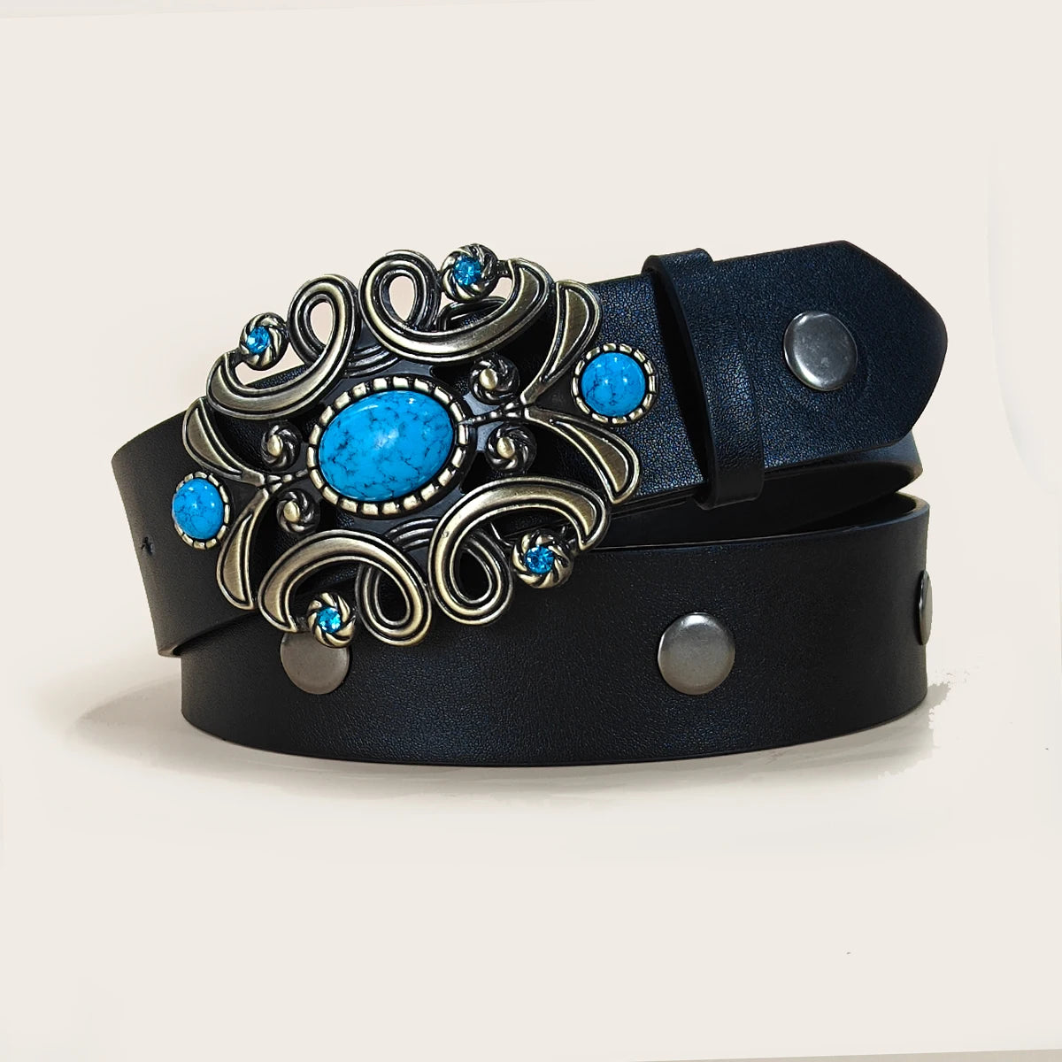 Ladies wear the classic Punk belt, Black Round Rivet PU leather, bohemian style oval turquoise buckle belt For Men and Women