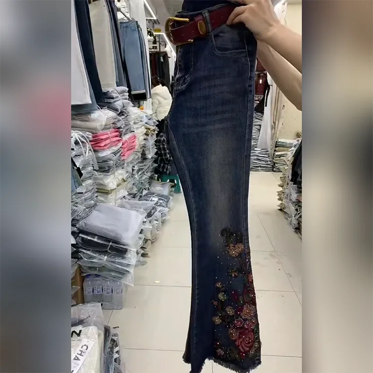 PENDRA Embroidered Denim Flared Ethnic Heavy Industry Hot Diamond Pants