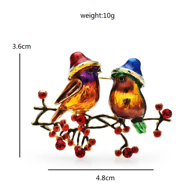 Wuli&baby Cute Two Birds Brooches For Women 2-color Enamel Rhinestone Talking Bird Animal Party Office Brooch Pin Gifts