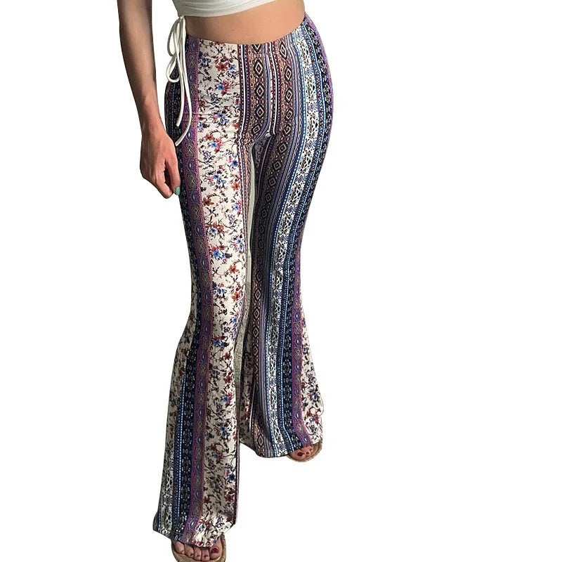 Vintage Boho Spring Floral Print Casual Pants Fashion new high elasticity tight fitting micro flared Yoga Joggers pants