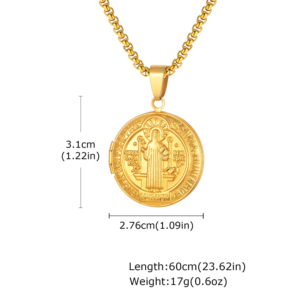 Saint Benedict Necklace for Men Boys,Customized Photo Picture Stainless Steel Round Box Necklaces,Gift to Dad Husband BBF