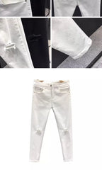 Man Luxury Clothing Men's White Ripped Jeans Spring Summer Slim Skinny Pants Korean Trendy Stretch Casual Fashion Cropped Pants