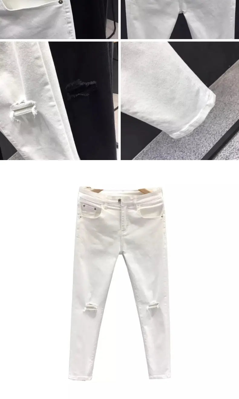 Man Luxury Clothing Men's White Ripped Jeans Spring Summer Slim Skinny Pants Korean Trendy Stretch Casual Fashion Cropped Pants