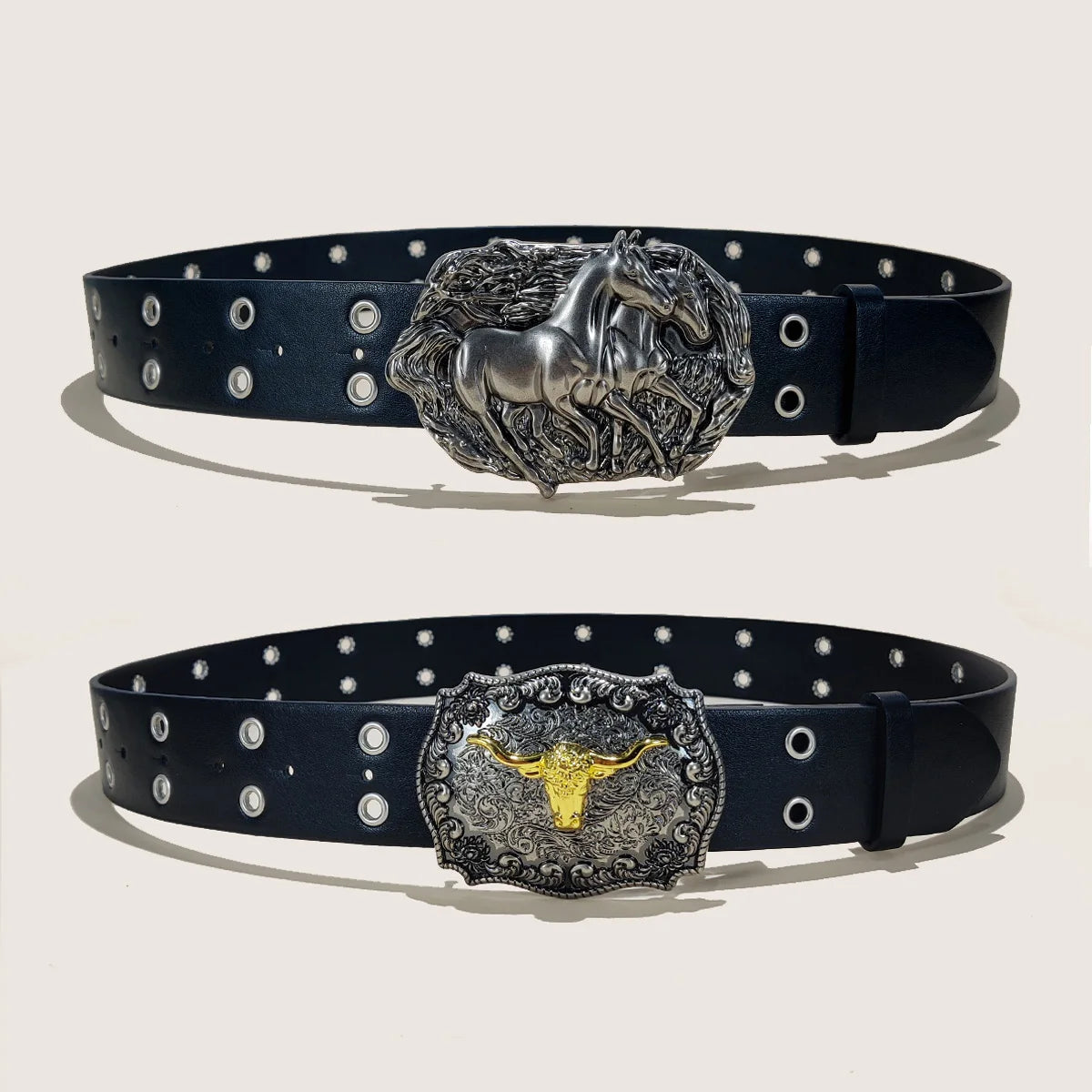Unisex Western Cowboy PU Leather Belt For Men and Women Waist Strap Bull Horse Decoration Jeans Belt Rivet Gothic Waistband Male
