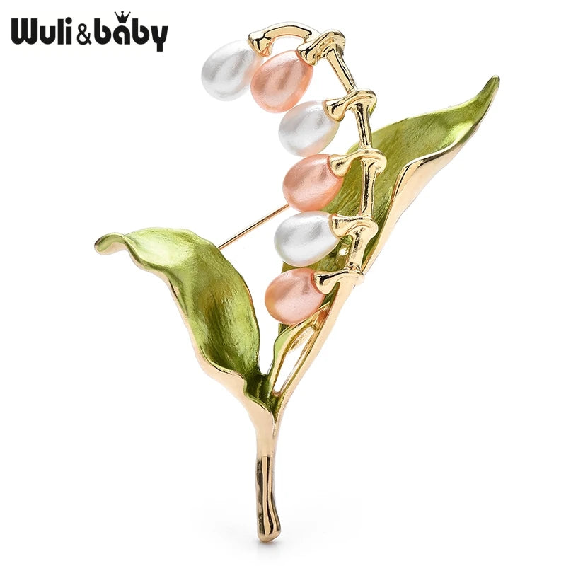 PENDRA Lilyvale Enamel Leaf and Pearl Lily Brooch