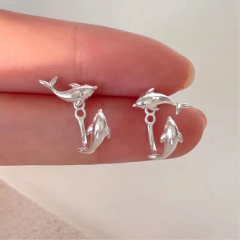 VENTFILLE 925 Sterling Silver Dolphins Earrings for Women Ear Stud Creative Design Smooth Aesthetic Jewelry Gift Dropshipping