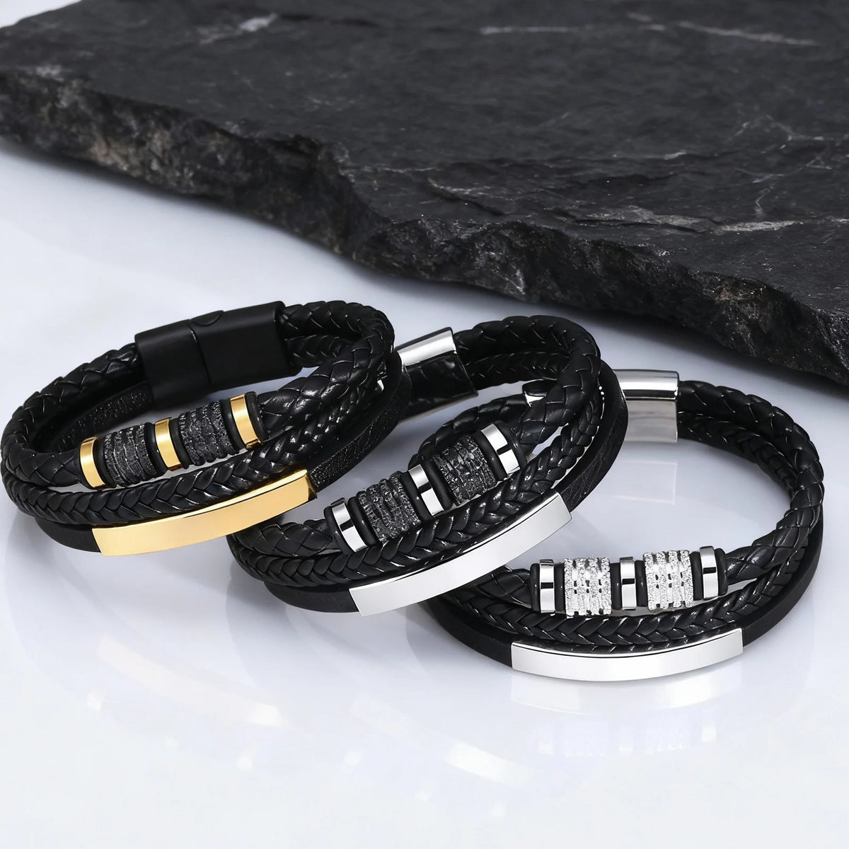 Black Multi Layers Leather Bracelet for Men,Metal Tube Charm Handmade Braided Rope Leather Bracelet,Gift for Husband Dad Son
