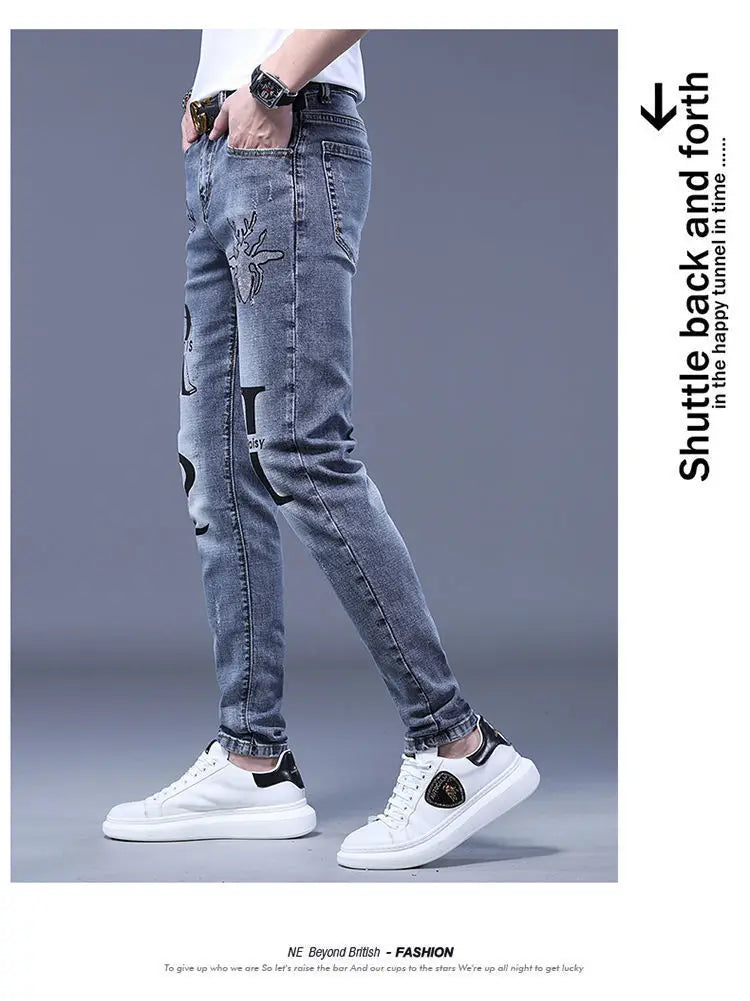Spring Autumn Harajuku Fashion Art Craft Graphical Paintings 2000s Streetwear Male Slim Boyfriend Stylish Pants Denim Jeans Men
