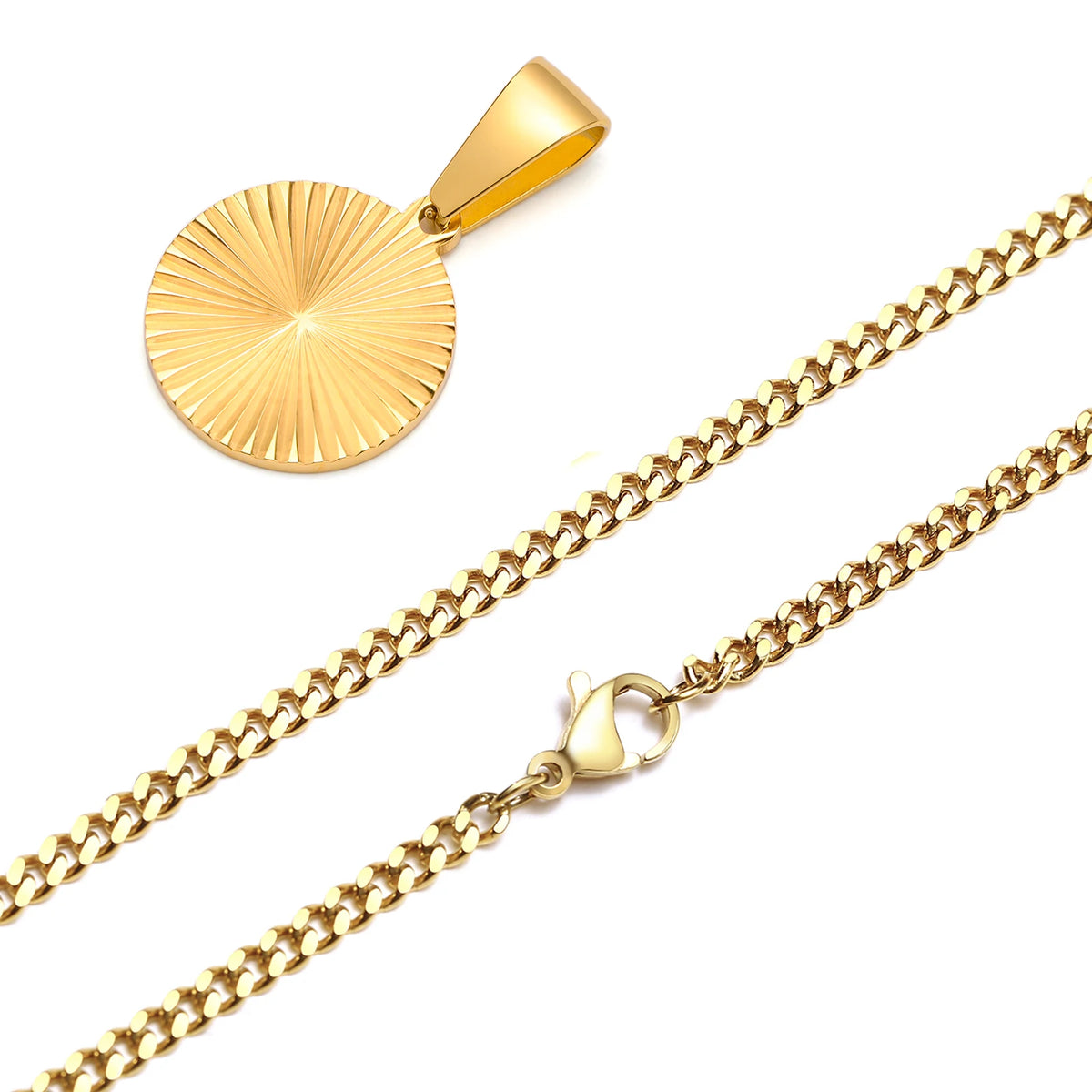Men Necklace Gold Plated,Embossing Radiation Rectangle Pendant, Stainless Steel Sunburst Charm Necklaces Jewelry