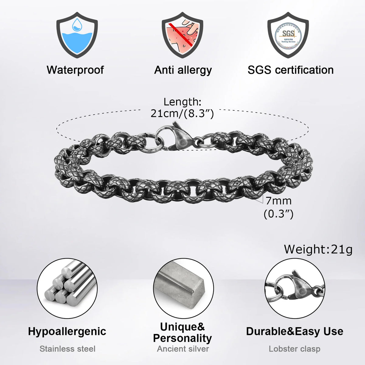 Chunky Belcher Round Chain Bracelets for Men Boys,Embossed Stainless Steel Braided Chain Wristband,Punk Jewelry Gifts