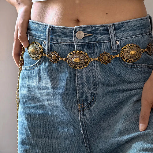 High Quality Metal Women's Waist Chain Gold Durable Retro Western Cowboy Adjustable Carved Chain Belt Jeans Metal Waistband