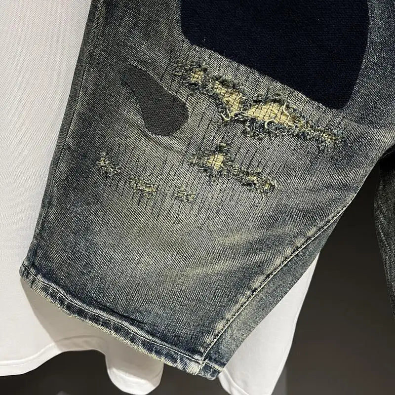 High-end Design Brand Embroidered Elastic Denim Shorts Men's Summer Middle Pants Slim-fitting Korean Breeches Jorts Shorts