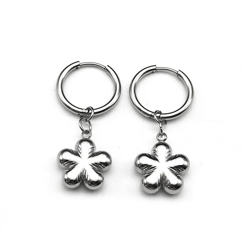 Stainless Steel Y2K Plum Blossom Hoop Earrings for Women Silver Color Aesthetics Flower Hip Hop Earring Jewelry EZZZ796-3S06