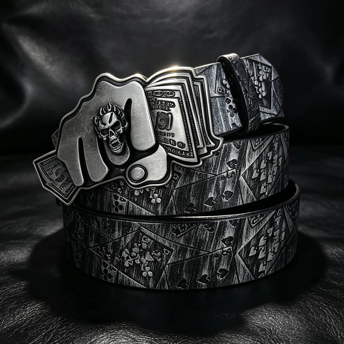 Silver Black Poker Belt For Men and Women Lucky Gamble Poker Metal Buckle Heavy Hip Hop Belt Punk Style Playing Card Street