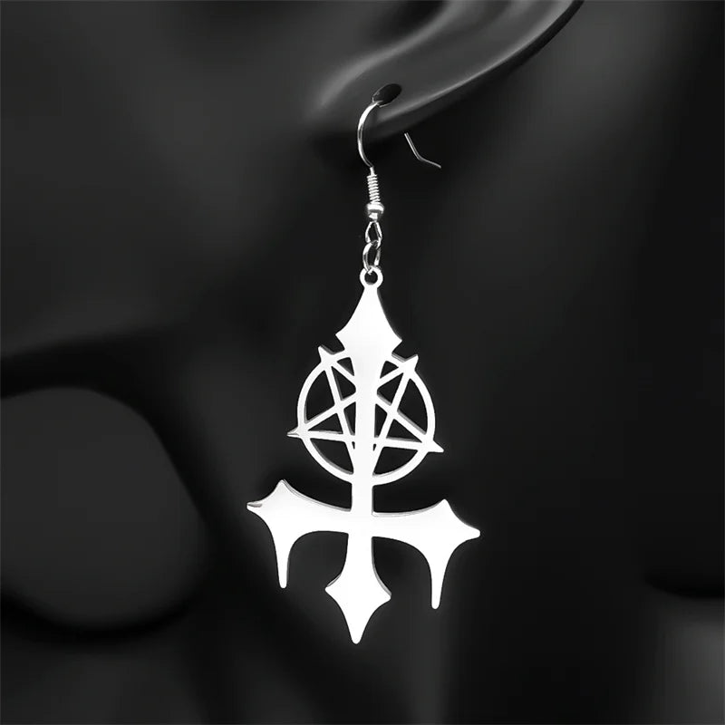 Goth Pentagram Sigil Satan Cross Hoop Earrings for Women Stainless Steel Silver Color Big Lucifer Star Earrings Jewelry