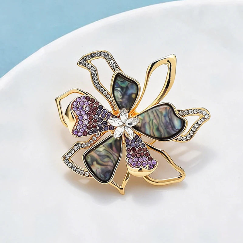 PENDRA Flora Double-Layer Rhinestone Enamel Flower Brooch