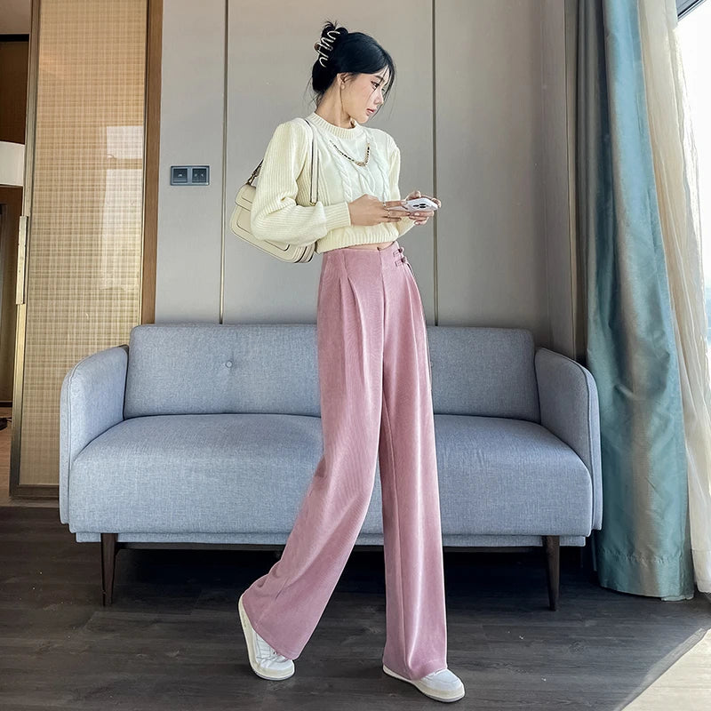 Corduroy pants women autumn and winter new Chinese style buckle casual thick solid color versatile wide leg pants