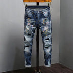 New High Quality Men's Clothing Casual Slim Pencil Pants Distressed Paint Patch Color Ink Graffiti Designer Long Jeans Trousers