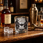Gothic Skull Bat Whiskey Glass, Ozzy Inspired Gold Rim Cocktail Glass
