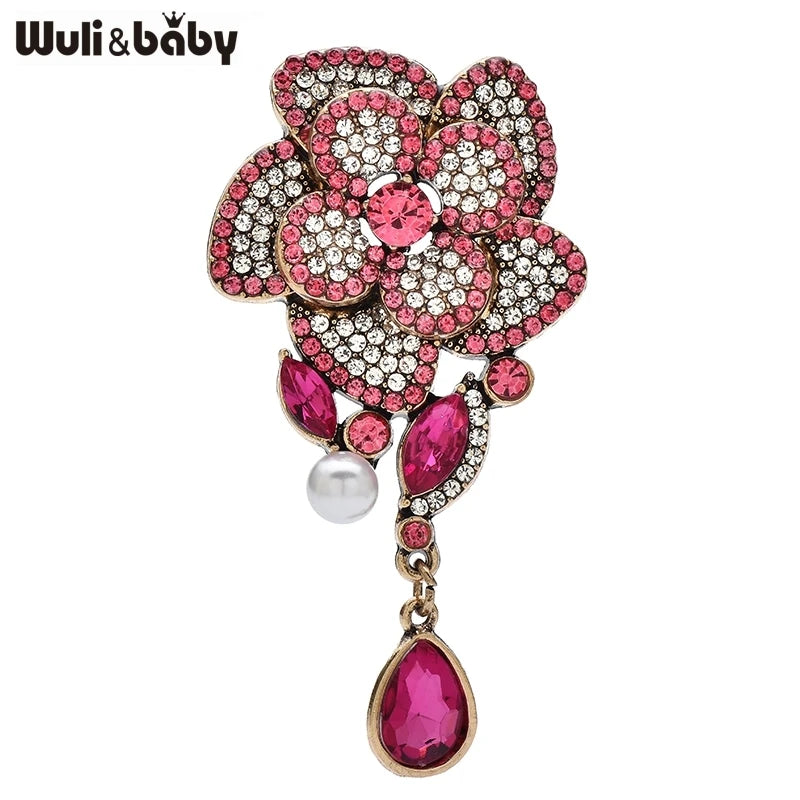 PENDRA Camellia 3-Color Vintage Rhinestone Flower Brooch