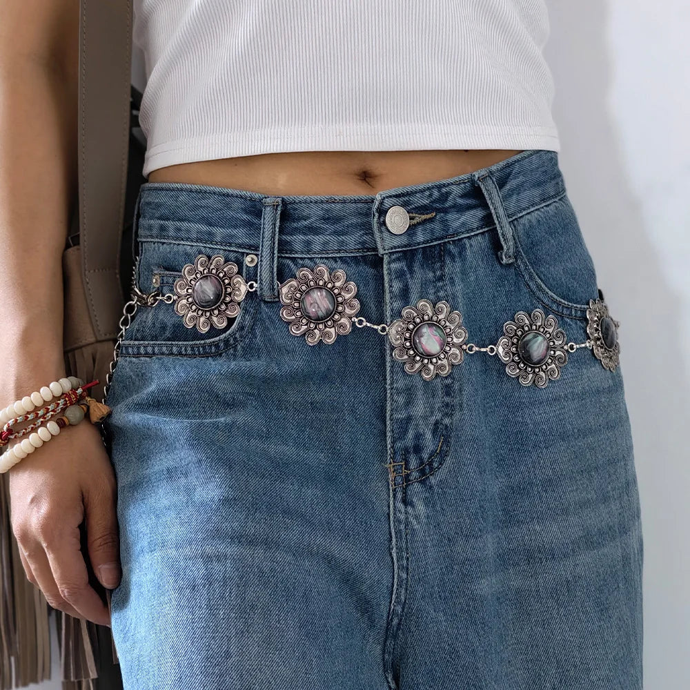 New Bohemian Coin Exaggerated Big Turquoise Waist Chain for Women Retro Ethnic Style Alloy Dance Waistband Female Body Jewelry