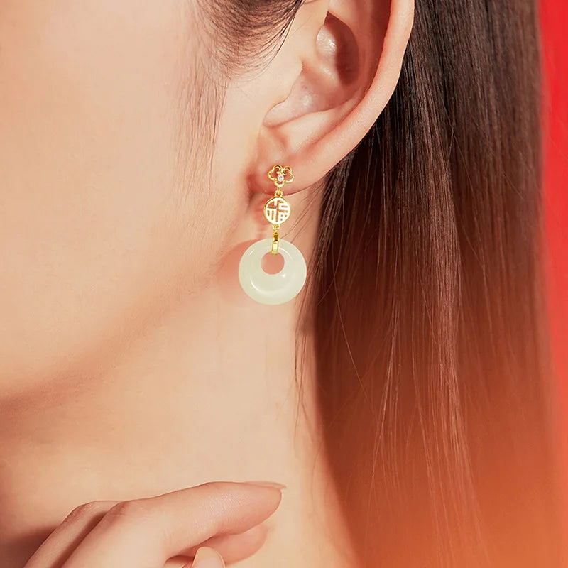 VENTFILLE 925 Silver Gold Color Hetian Jade Earrings for Women Girls Festival Gift Green Round Jewelry Dropshipping Wholesale
