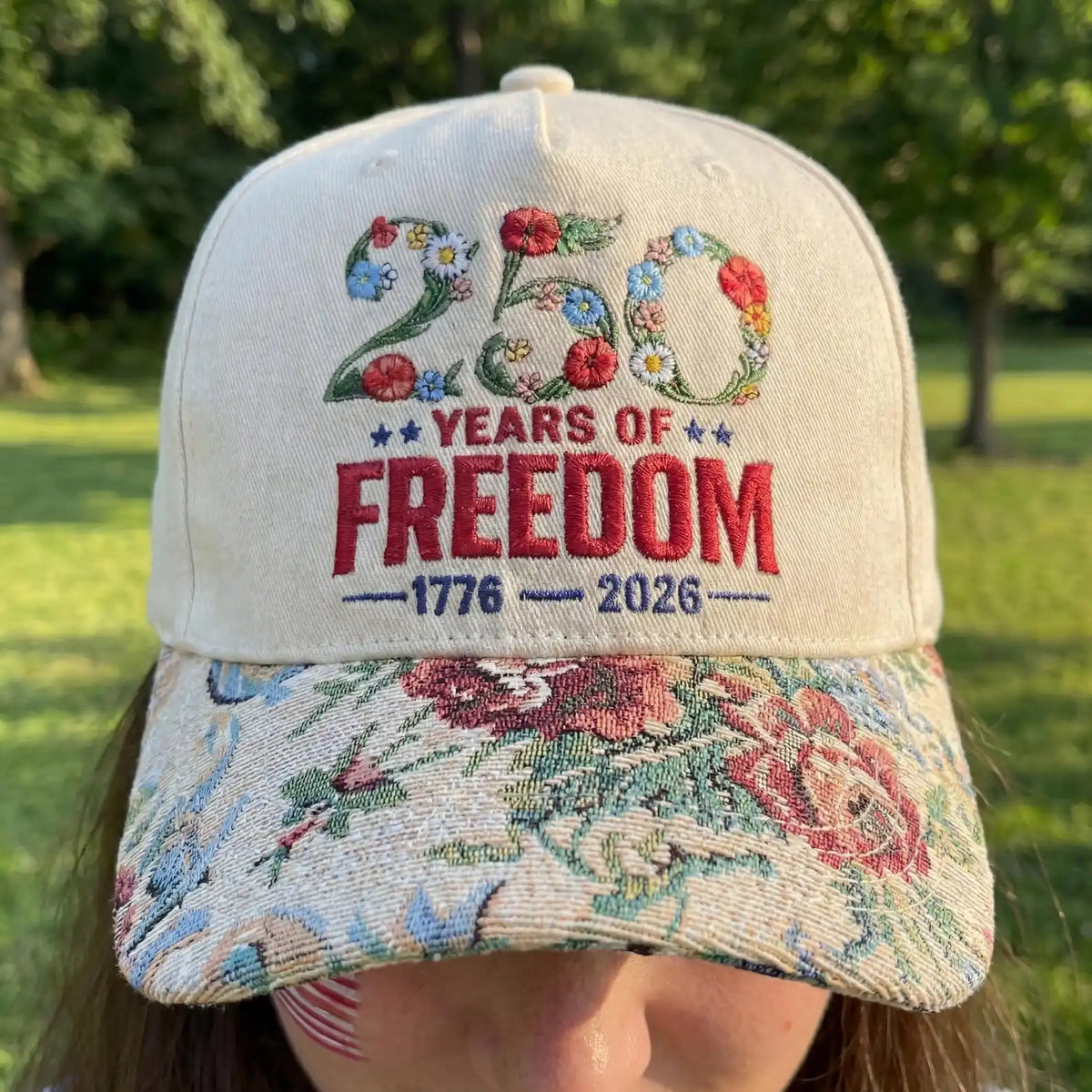Embroidered Floral USA 250th Anniversary Hat, 250 Years of Freedom Cap, America 1776-2026 Patriotic Gift, Vintage Floral Brim Ba