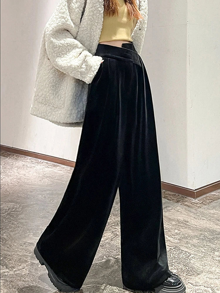 Black Gold Velvet Wide Leg Pants Women Winter Velvet High Waist Drop Feel Straight Tube Versatile Casual Floor Pants