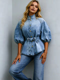 New Women's Retro Washed Lantern Short-sleeved Stand Collar Single-breasted Shirt, Fitted Waist and Belted Denim Top, Suitable for Everyday Wear.