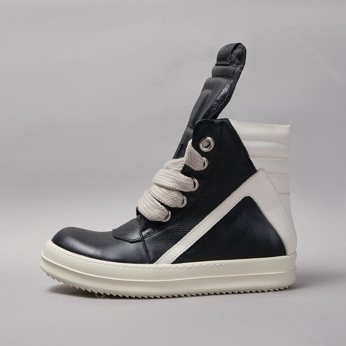 PENDRA Black Geobasket Black Leather High-Top Zip Jumbo-Lace Ankle Boots