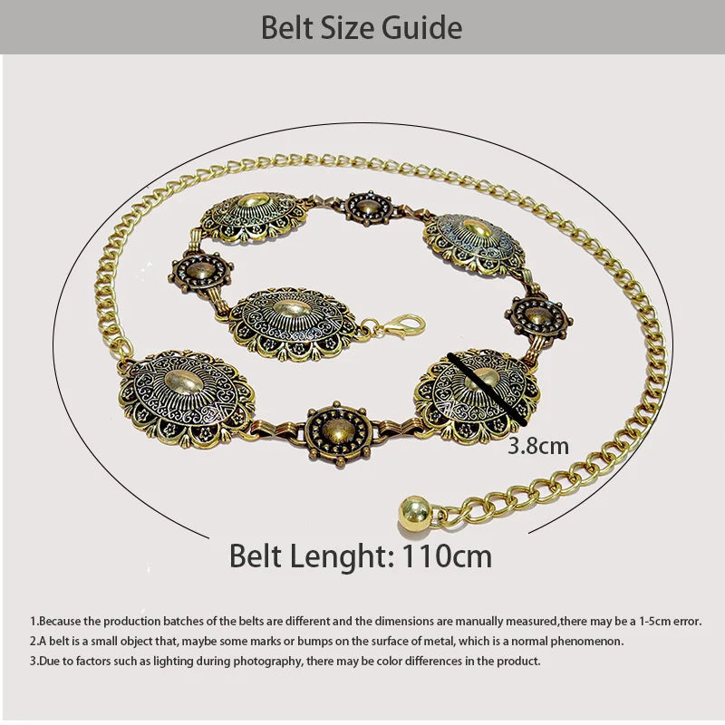 High Quality Metal Women's Waist Chain Gold Durable Retro Western Cowboy Adjustable Carved Chain Belt Jeans Metal Waistband