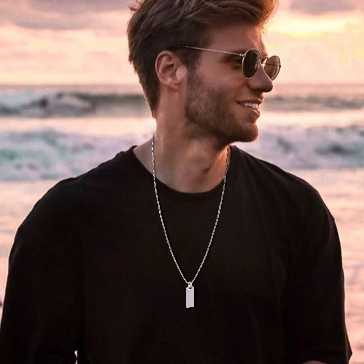 Men's Initial Vertical Bar Necklaces,Waterproof Stainless Steel Plain Geometric Pendant Collar,Personalize Custom Gifts Jewelry