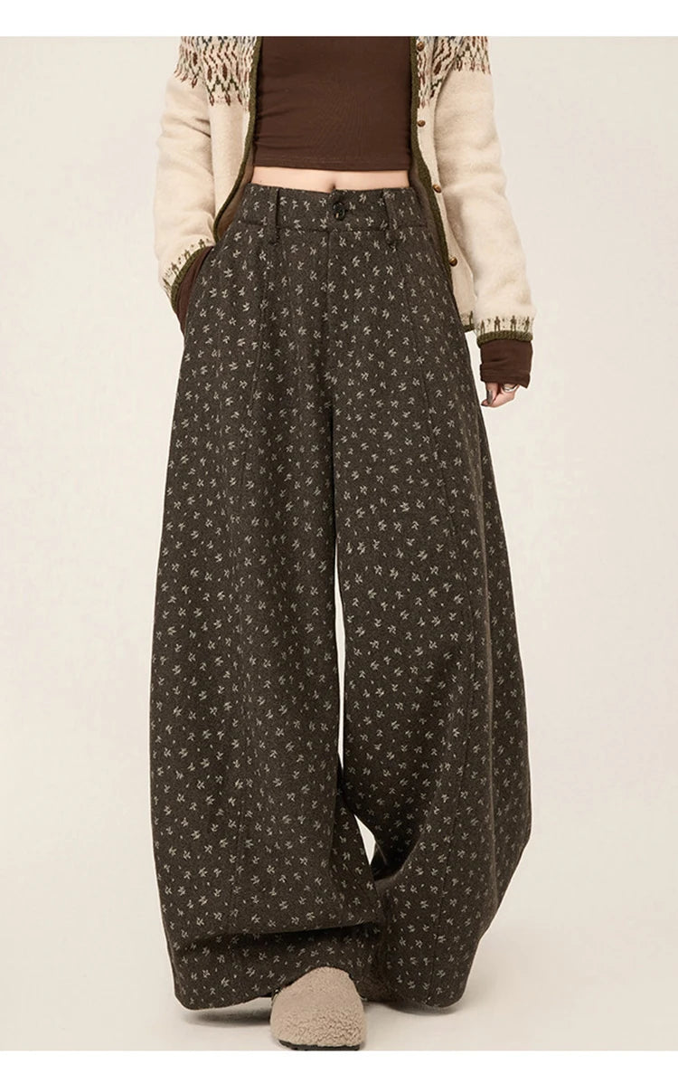 Lazy style floral print woolen suit pants women in winter new loose and versatile casual curved knife wide leg pants