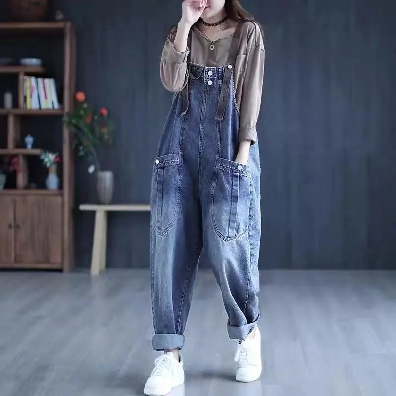 Minimalist jeans overalls women's spring new Korean version loose fit big pocket versatile trendy Harlan casual rompers