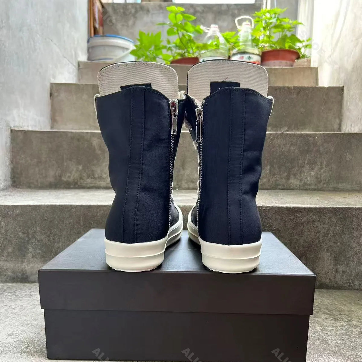 PENDRA Satin Eclipse Black Canvas High-Top Zip Lace-Up Platform Shoes