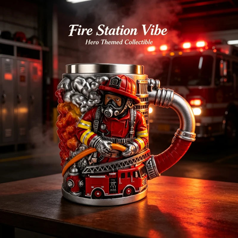 3D Firefighter Resin Mug Creative Fireman Coffee Cup with Hose Handle Fire Truck Relief Collectible Gift